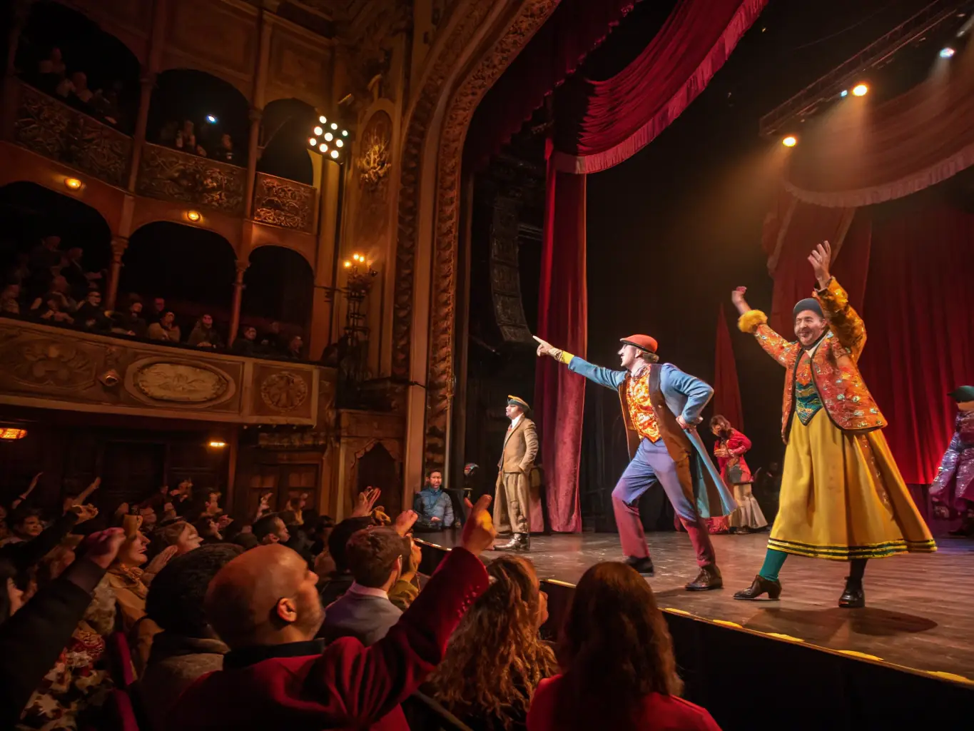 A vibrant photograph capturing a live theater performance supported by ASS LES EOLIENS, showcasing actors on stage with dynamic lighting and engaged audience members in the background. The image is intended to highlight the organization's role in promoting performing arts.