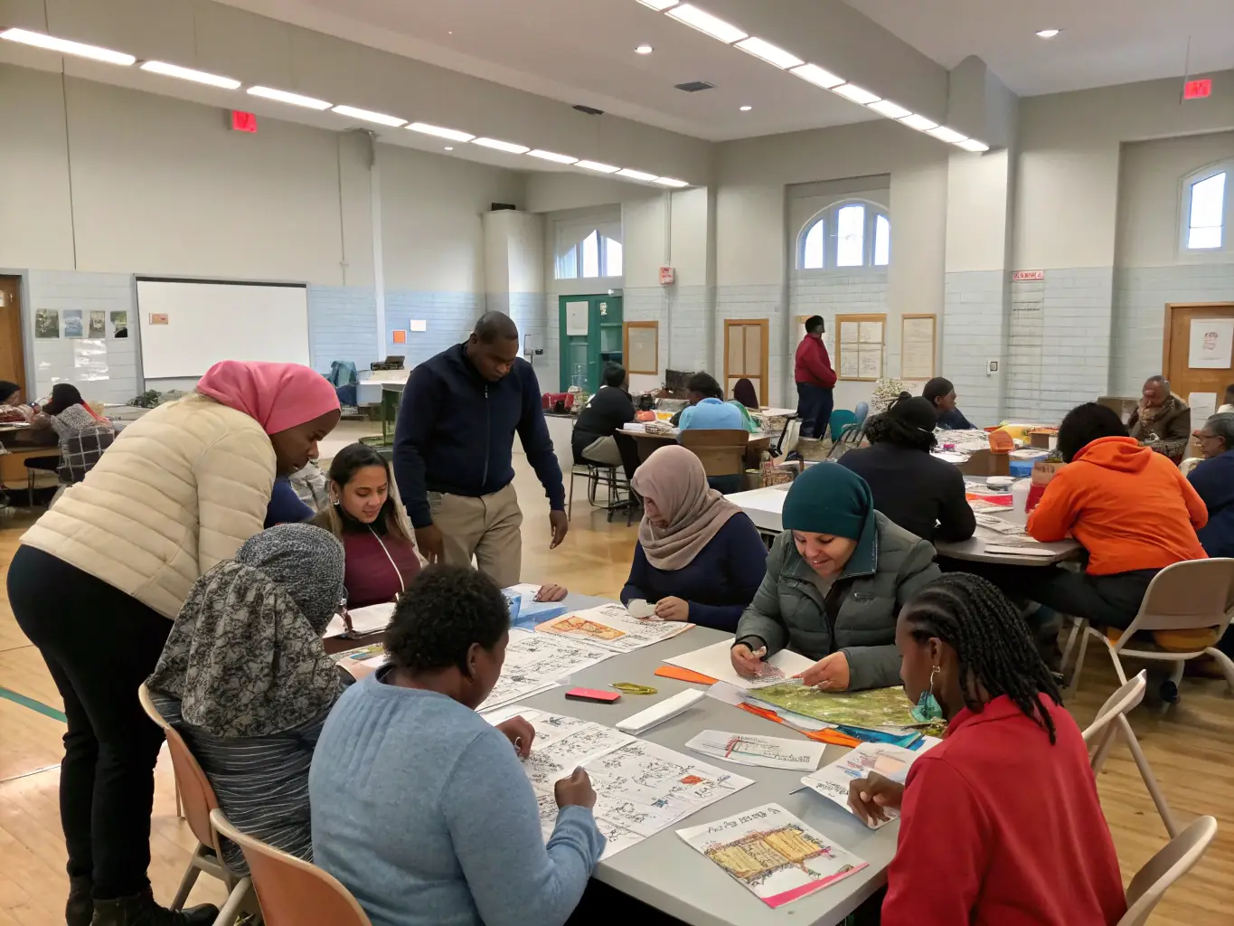 A photograph of a community arts workshop facilitated by ASS LES EOLIENS, showing participants of diverse ages and backgrounds actively engaged in a hands-on art project. The setting is a bright, welcoming community center.