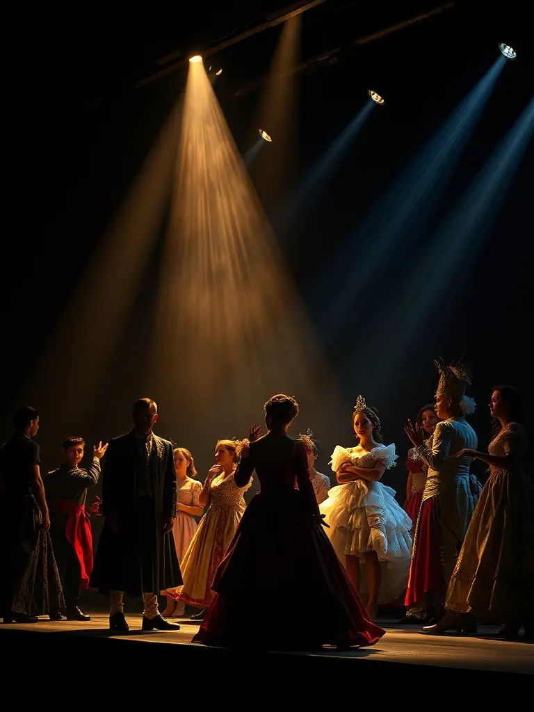 A vibrant photograph capturing a live theater performance supported by ASS LES EOLIENS, showcasing actors on stage with dynamic lighting and engaged audience members.