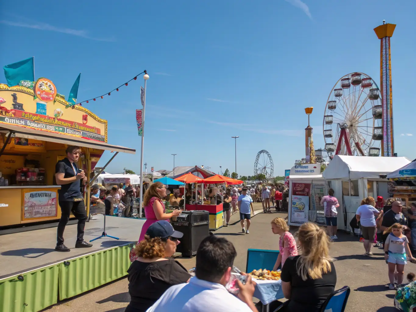 A photograph of an outdoor cultural festival organized by ASS LES EOLIENS, featuring various art installations, food vendors, and live music performances. The scene is lively and colorful, with people of all ages enjoying the festivities.