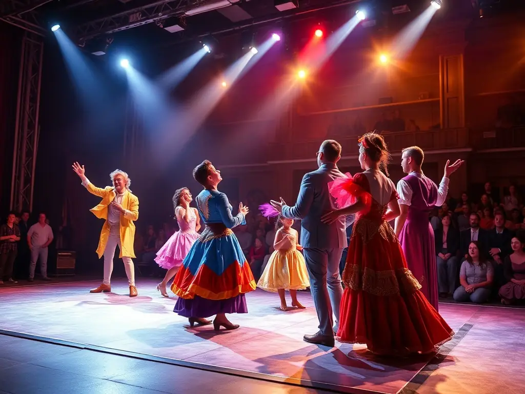 A vibrant stage scene with performers in colorful costumes during a live theatrical performance, showcasing the energy and artistry supported by ASS LES EOLIENS.
