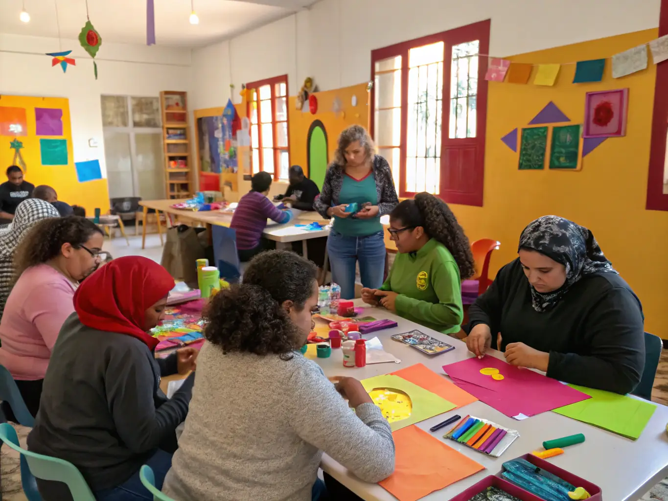 A photograph capturing a community workshop in progress, with participants actively engaged in a creative activity, reflecting the hands-on learning and collaborative spirit of our programs.