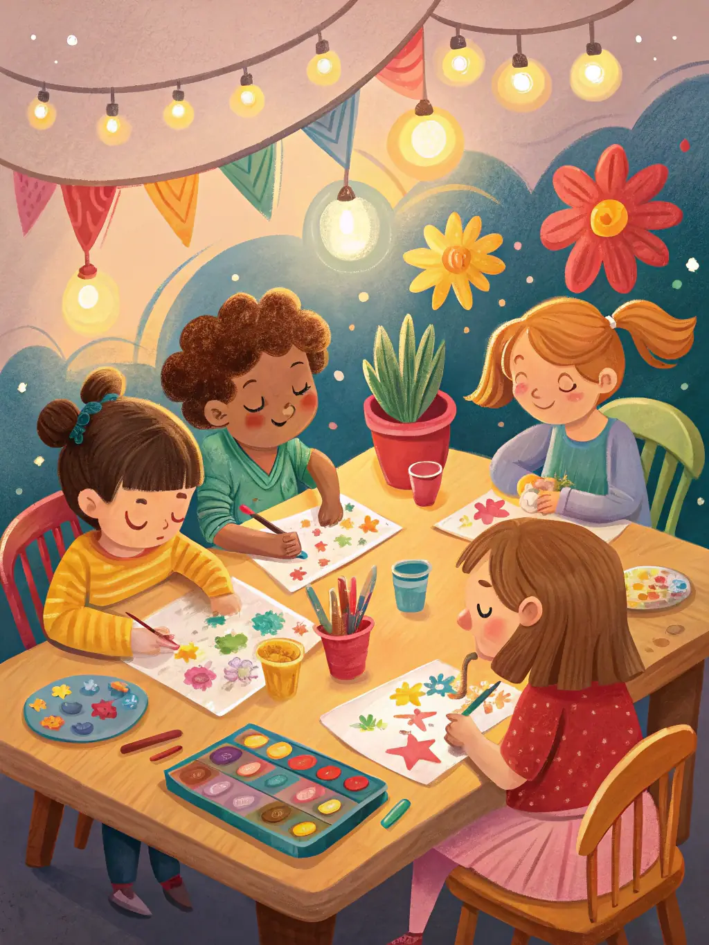 A group of children participating in an art workshop organized by ASS LES EOLIENS, showing them painting and creating artwork with enthusiasm.