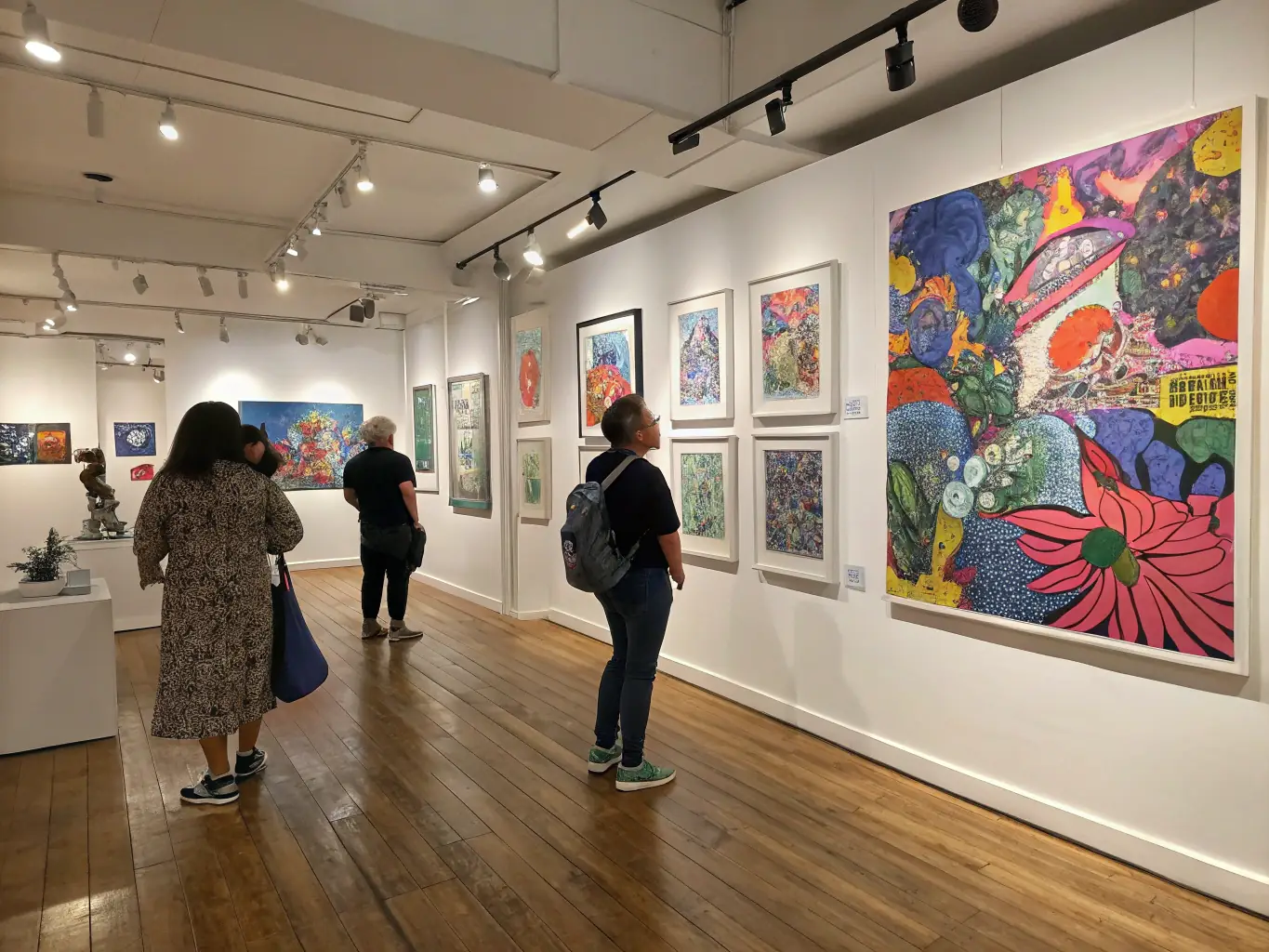 A visually appealing image of a local art exhibition, highlighting the diverse artworks and the community's appreciation for local talent, emphasizing our commitment to supporting artists.