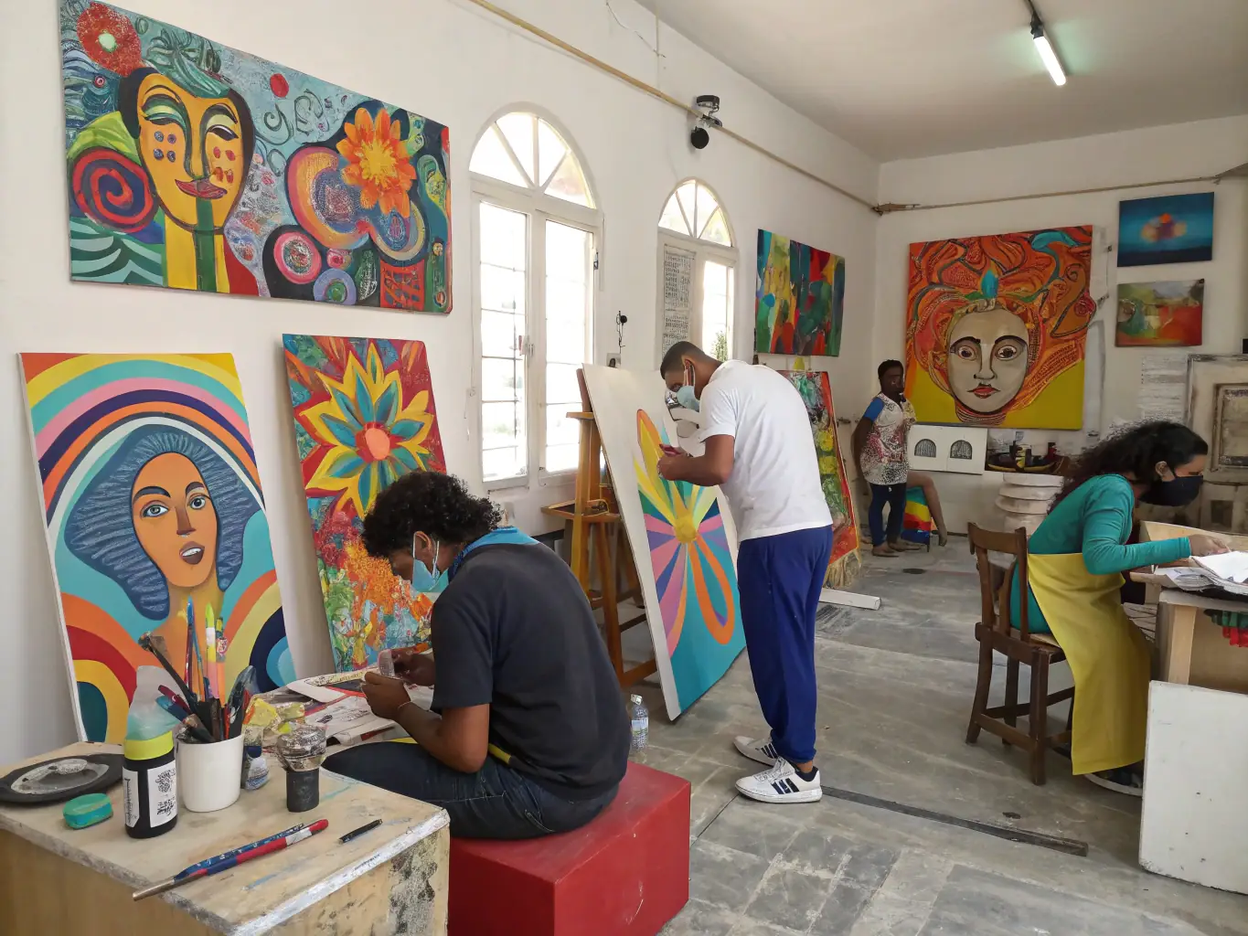 A group of participants engaged in a creative workshop, learning new skills and expressing themselves through art, facilitated by ASS LES EOLIENS.