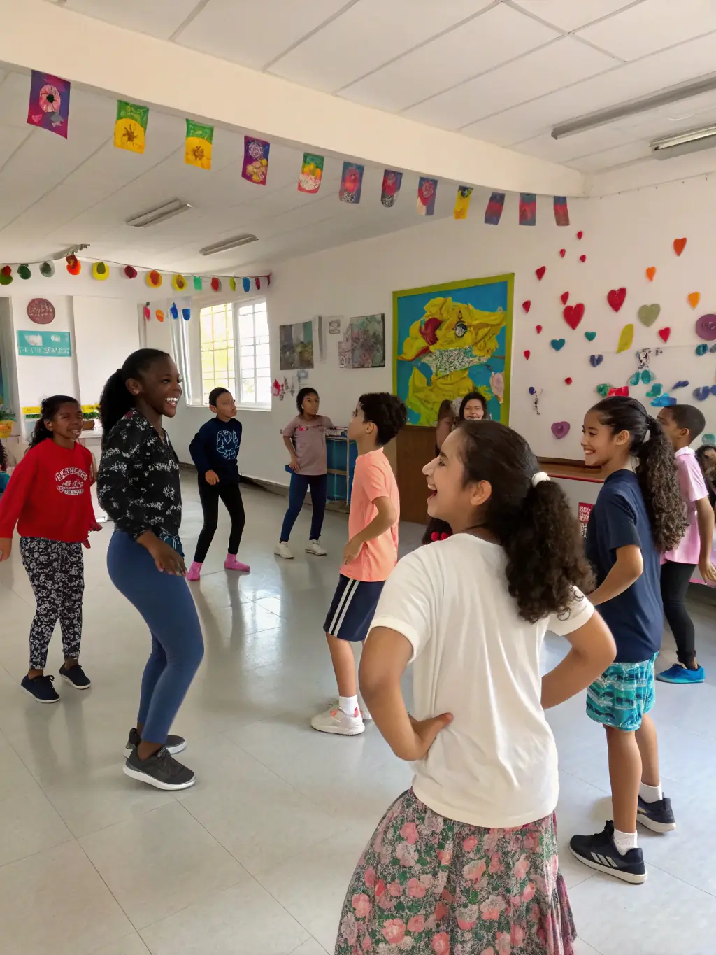 A photograph of a dance class in session, supported by ASS LES EOLIENS, showing dancers of all ages and abilities learning new moves and enjoying themselves.
